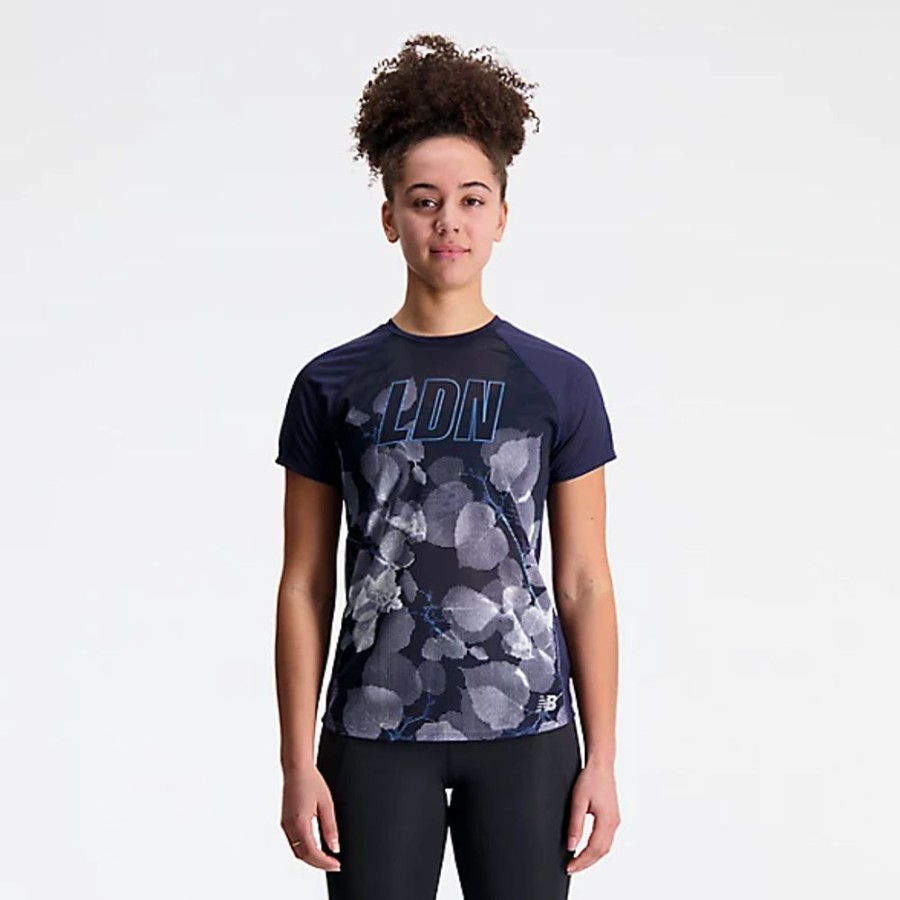 Mulheres New Balance T-Shirts E Partes De Cima | London Edition Printed Impact Run Short Sleeve